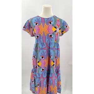Nooworks Frida Mucci Eye Print Short Sleeve Midi Dress Pink Blue Small